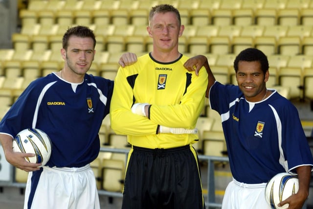 James McFadden, Robert Douglas and Kevin Harper launch a new kit in September 2003. Harper never played for Scotland, but the former Hibs striker did make a handful of appearances for the under 21s.