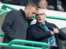 Hibs CEO Ben Kensell, left, speaks to director of football Brian McDermott during Saturday's 2-1 victory over St Mirren