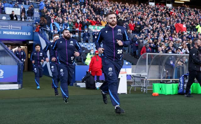 Luke Crosbie runs out at BT Murrayfield ahead of his Scotland debut against Tonga. (Photo by Craig Williamson / SNS Group)