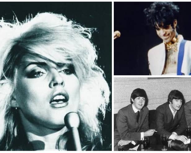 Clockwise from left, Debbie Harry, Prince and The Beatles.