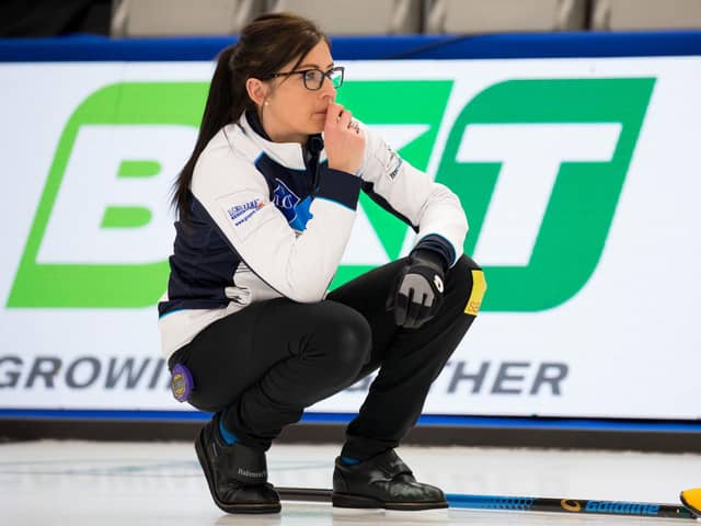 Eve Muirhead ponders her next move during Scotland's match against Korea at the LGT World Women's Curling Championship. Picture: Steve Seixeiro/WCF