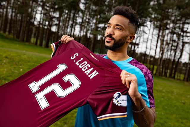 Shay Logan is uneveiled as a Hearts player after signing on loan from Aberdeen.