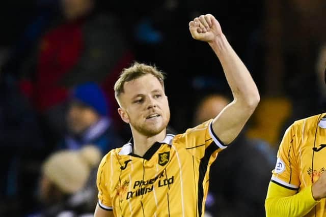 Livingston's Bruce Anderson celebrates after his pile-driver made it 1-1 in the first half. Picture: Rob Casey / SNS