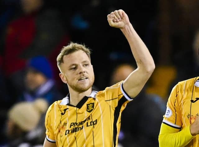Livingston's Bruce Anderson celebrates after his pile-driver made it 1-1 in the first half. Picture: Rob Casey / SNS