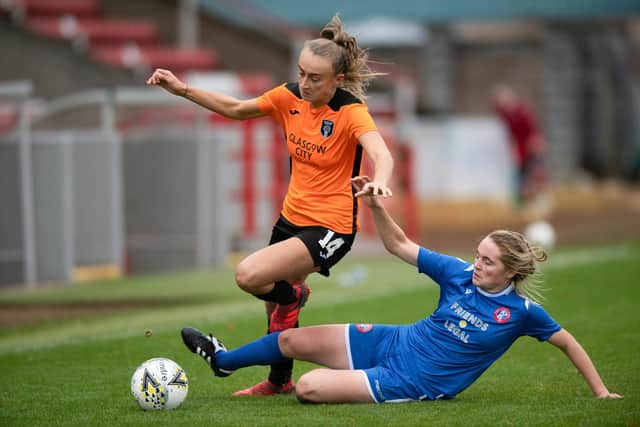 Glasgow City's Lauren Davidson is tackled by Spartans 'Robyn McCafferty. Picture: Mark Scates / SNS