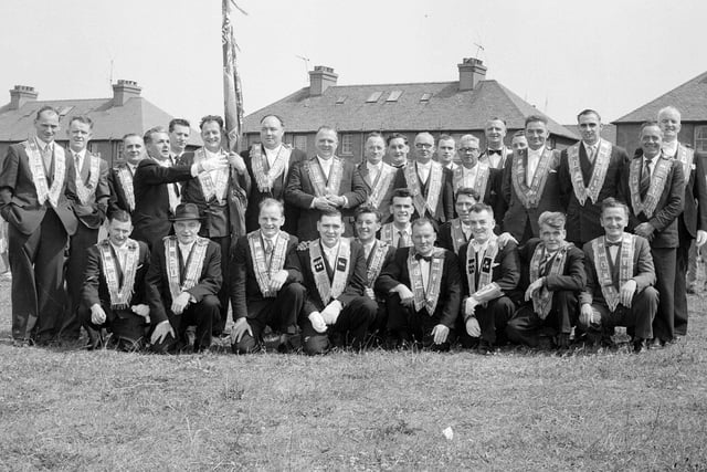 A picture of an orange walk group at Prestonpans Lodge 184 in July 1961.