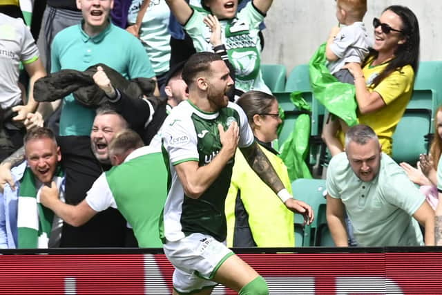 Martin Boyle celebrates making it 1-1 against Hearts at Easter Road. Picture: Rob Casey / SNS