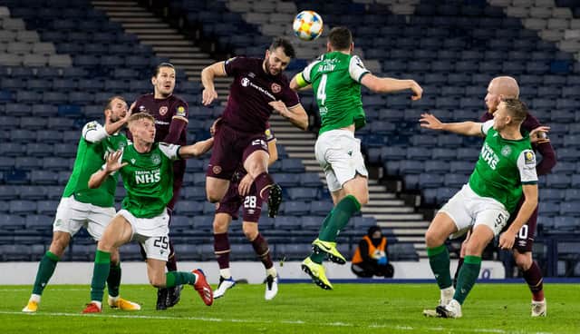 Hearts Craig Halkett in action during a Scottish Cup semi-final match between Hearts and Hibernian at Hampden Park, on October 31, 2020, in Glasgow, Scotland. (Photo by Alan Harvey / SNS Group)