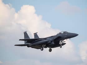 An F15 fighter jet landing at RAF Lakenheath, Suffolk after an American fighter jet crashed into the North Sea while on a training exercise.