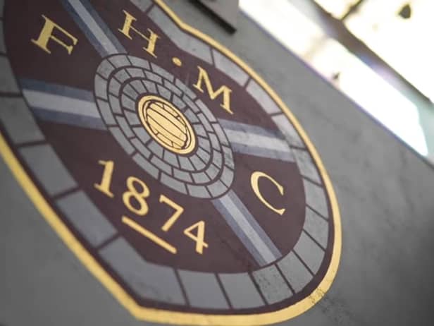 The Hearts badge at Tynecastle Park.