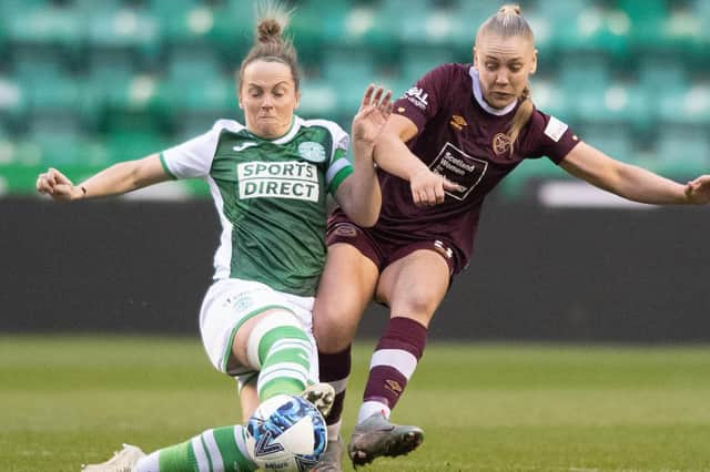 Georgia Timms battles Hibs' Joelle Murray for possession during Hearts' draw at Easter Road. Picture: SNS