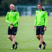 David Gray alongside manager Jack Ross and assistant John Potter at Hibs training. Picture: SNS
