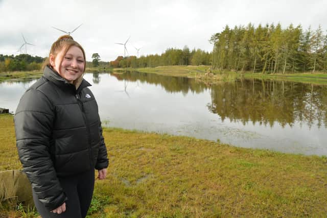 Chanelle Maver in front of one of the three current coarse fishing ponds at Drumtassie. Picture by Nigel Duncan