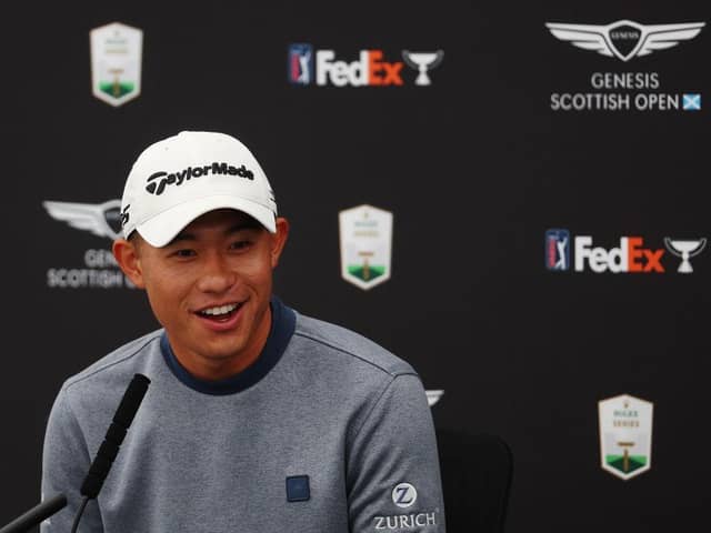 Collin Morikawa speaks in a press conference ahead of the Genesis Scottish Open at The Renaissance Club. Picture: Andrew Redington/Getty Images.