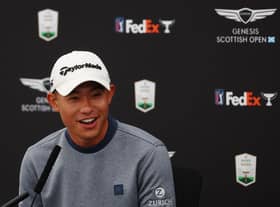 Collin Morikawa speaks in a press conference ahead of the Genesis Scottish Open at The Renaissance Club. Picture: Andrew Redington/Getty Images.