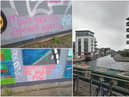 Graffiti has appeared on hoardings by the Union Canal mocking attempts to cover over messages criticising the police.