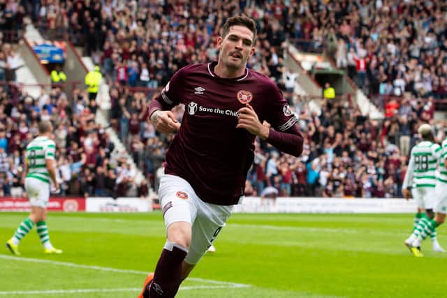 Kyle Lafferty after scoring against Celtic in a 1-0 win at Tynecastle. It would prove to be his last goal for the club. Picture: SNS