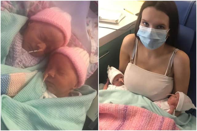 Amelia (left) and Maya (right) just a few days after they were born and Caitlin pictured on the right when she was allowed to hold her twins