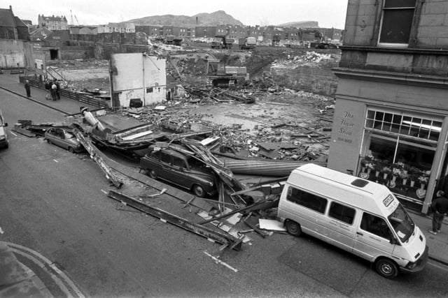 A 63ft section of wall collapsed at Leith Central station, hitting a taxi and a Ford Fiesta car, in March 1989.