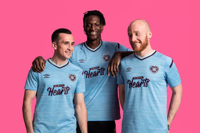 Aaron McEneff, Armand Gnanduillet and Liam Boyce show off the new away strip. Picture: Contributed