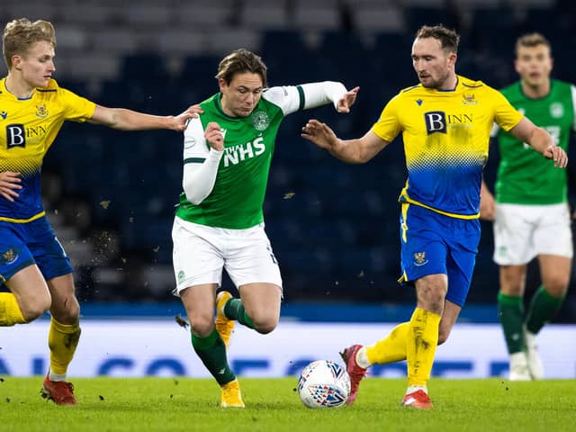 Hibs midfielder Scott Allan in action against Chris Kane and Ali McCann during St Johnstone's Betfred Cup semi-final victory. Photo by Craig Williamson / SNS Group