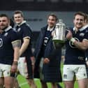 Stuart Hogg, the Scotland captain, holds the Calcutta Cup after his team's victory during the Guinness Six Nations match between England and Scotland at Twickenham Stadium on 6 February 2021 in London, England. (Pic: Getty Images)