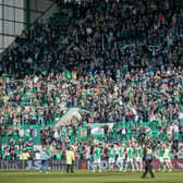 The home crowd applaud the effort of the players after Hibs defeat Hearts in the Edinburgh derby at Easter Road. Picture: SNS