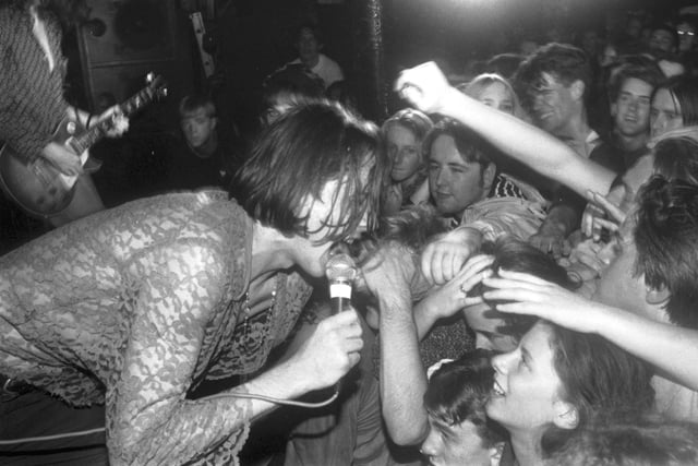 Brett Anderson, lead singer with the Britpop band Suede, gets close to his fans at The Venue at Calton Road in Edinburgh October 1992.