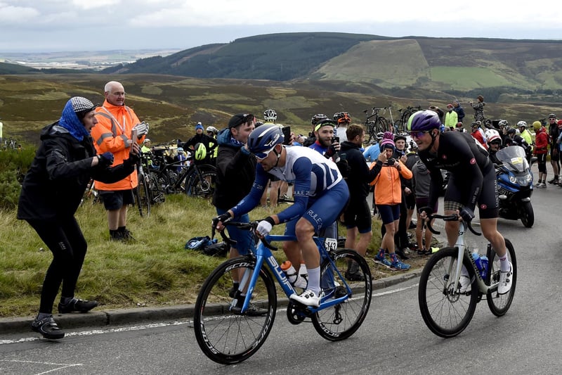 Ross Lamb climbs the Cairn O'Mount during stage eight.