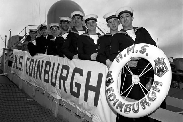 Local sailors line up on the gang planl of HMS Edinburgh at Leith docks in December 1985.