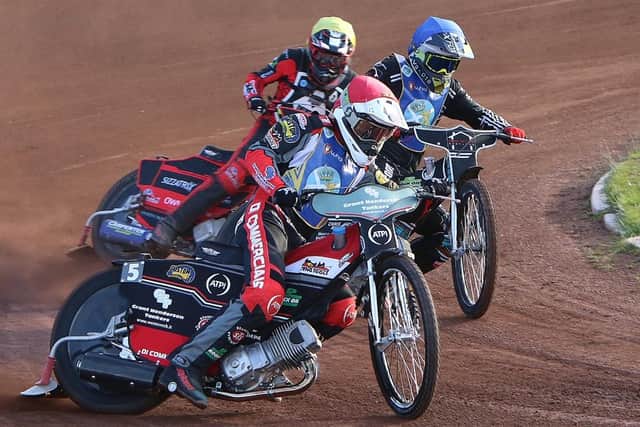 Edinburgh Monarchs' Richie Worrall and William Lawson lead the opposition at Armadale Stadium | Photo by Jack Cupido