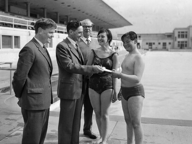Alan Ashton and Valerie Welsh were the first in the pool on the opening day of the season at Portobello Outdoor Swimming Pool in 1963.