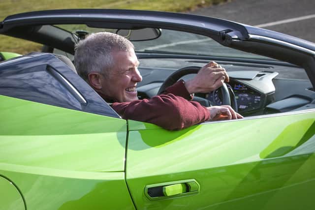 Scottish Liberal Democrat leader Willie Rennie drives a Lamborghini Huracan supercar at Ingliston Racing Circuit