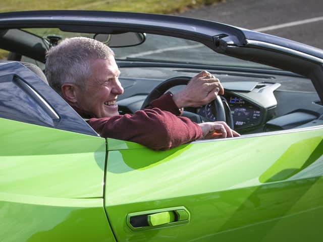 Scottish Liberal Democrat leader Willie Rennie drives a Lamborghini Huracan supercar at Ingliston Racing Circuit