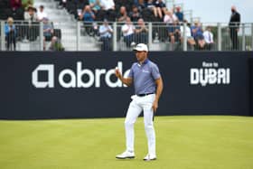 Justin Thomas acknowledges the crowd after finishing his round at The Renaissance Club. Picture: Luke Walker/Getty Images.