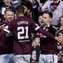 Stephen Kingsley celebrates after scoring Hearts' second goal against Hibs on Saturday.