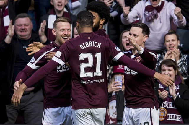 Stephen Kingsley celebrates after scoring Hearts' second goal against Hibs on Saturday.