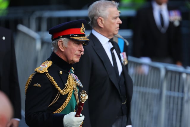 King Charles III and the Duke of York join the procession of Queen Elizabeth's coffin from the Palace of Holyroodhouse to St Giles' Cathedral, Edinburgh for a Service of Prayer and Reflection for her life.