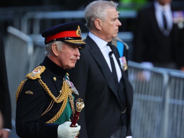 King Charles III and the Duke of York join the procession of Queen Elizabeth's coffin from the Palace of Holyroodhouse to St Giles' Cathedral, Edinburgh for a Service of Prayer and Reflection for her life.