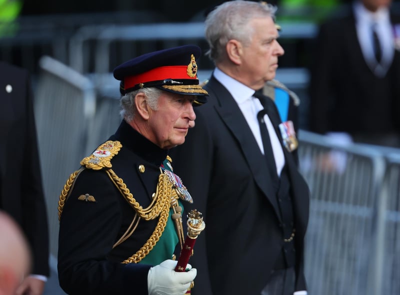 King Charles III and the Duke of York join the procession of Queen Elizabeth's coffin from the Palace of Holyroodhouse to St Giles' Cathedral, Edinburgh for a Service of Prayer and Reflection for her life.