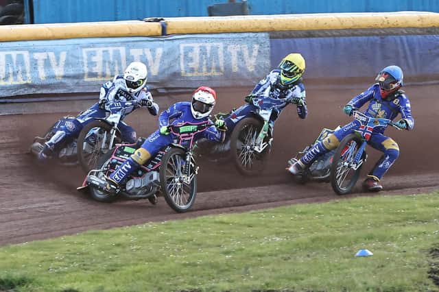 Josh Pickering and Lasse Fredriksen race to an opening heat 5-1 for the Edinburgh Monarchs. Picture: Jack Cupido.