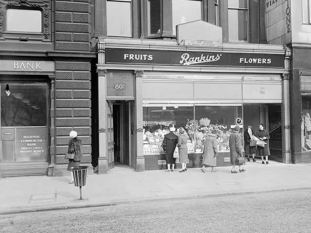 Rankins' Flowers and Fruit had a fine reputation for offering the very best service and produce in the city. Ahead of its time, the independent firm was one of the first greengrocers in Edinburgh to sell exotic fruit and vegetables, such as avocados and kiwis.
