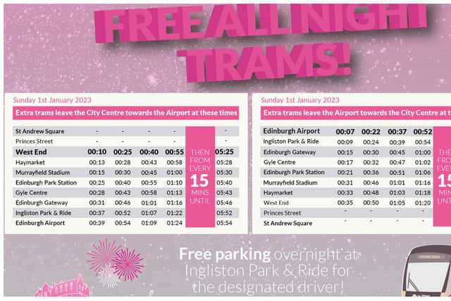 From midnight until 5am, the free trams will operate up to every 15 minutes calling all stops between Edinburgh Airport and West End.