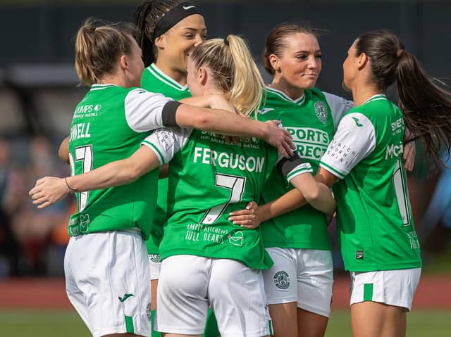 Hibs celebrate retaking the lead in the Sky Sports Cup. Credit: Colin Poultney/SWPL