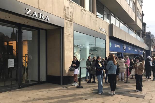 People queuing for Zara in Edinburgh after lockdown restrictions eased in spring 2021. Picture: Conor Riordan/PA