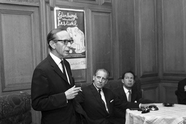 Peter Diamand, director of the Edinburgh International Festival, at a press conference in the Freemasons' Hall in August 1966.