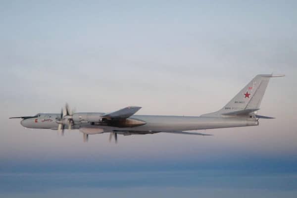 Ministry of Defence handout photo of one of two Russian Tupolev Tu-142 Bear F aircraft operating in international airspace near UK airspace that were intercepted by RAF Typhoons from RAF Lossiemouth.