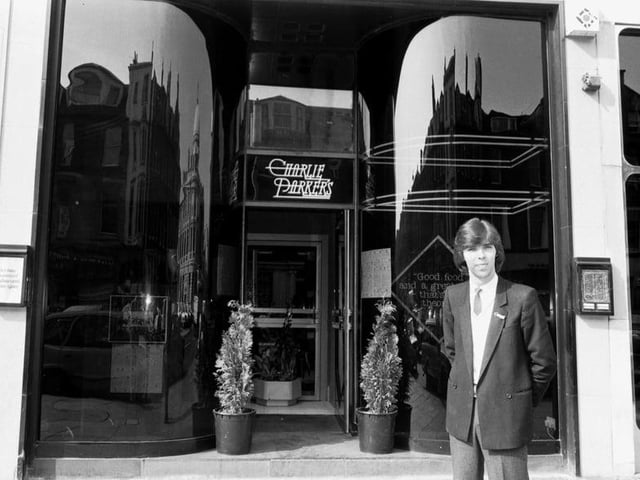 Manager Hugh McShannon stands outside the entrance to Charlie Parkers Restaurant and Cocktail Bar, George Street, September 1981 Photo: Hamish Campbell