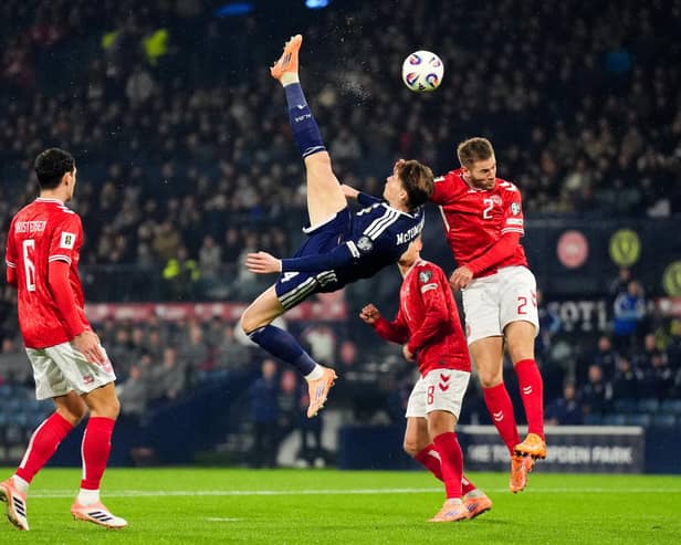 Scotland's Scott McTominay scoring the opening goal during the FIFA World Cup European Qualifying match at Hampden Park, Glasgow. Picture: Andrew Milligan, Tuesday November 18, 2025