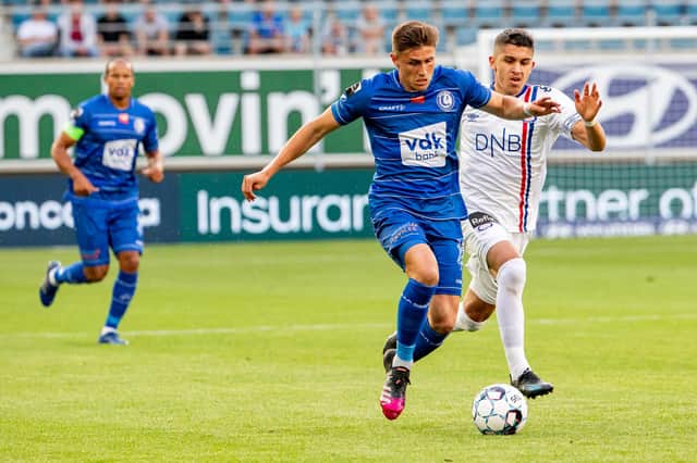 Valerenga's Osame Sahraoui, right, battles Alessio Castro Montes of KAA Gent for the ball during a Europa Conference League qualifier in Belgium